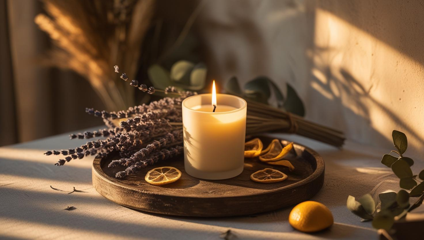 Elegante e accogliente spazio abitativo con una candela naturale accesa su un vassoio di legno, circondato da piante botaniche
