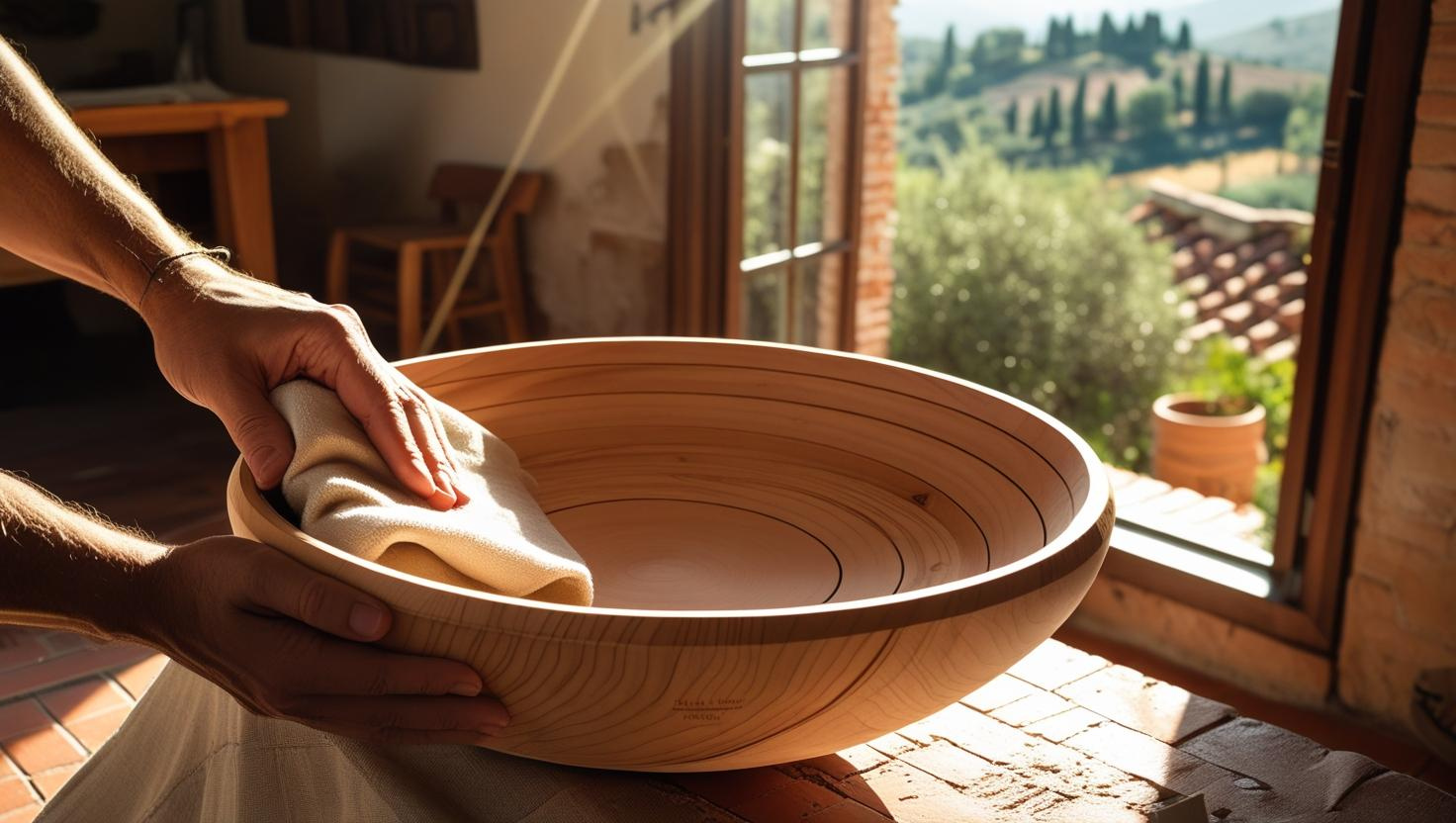 Oggetti in legno lavorati a mano in fase di lucidatura all'interno di un luminoso studio artigianale: la campagna italiana visibile da una finestra. Un'atmosfera calma e autentica.