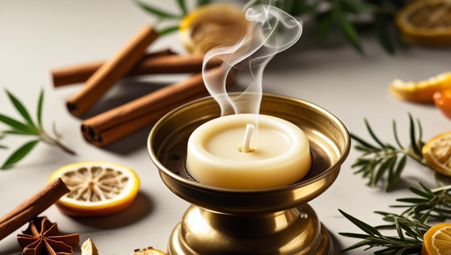 Angolo interno con cera sciolta in un bruciatore che rilascia un morbido vapore aromatico: ambiente domestico pulito e naturale