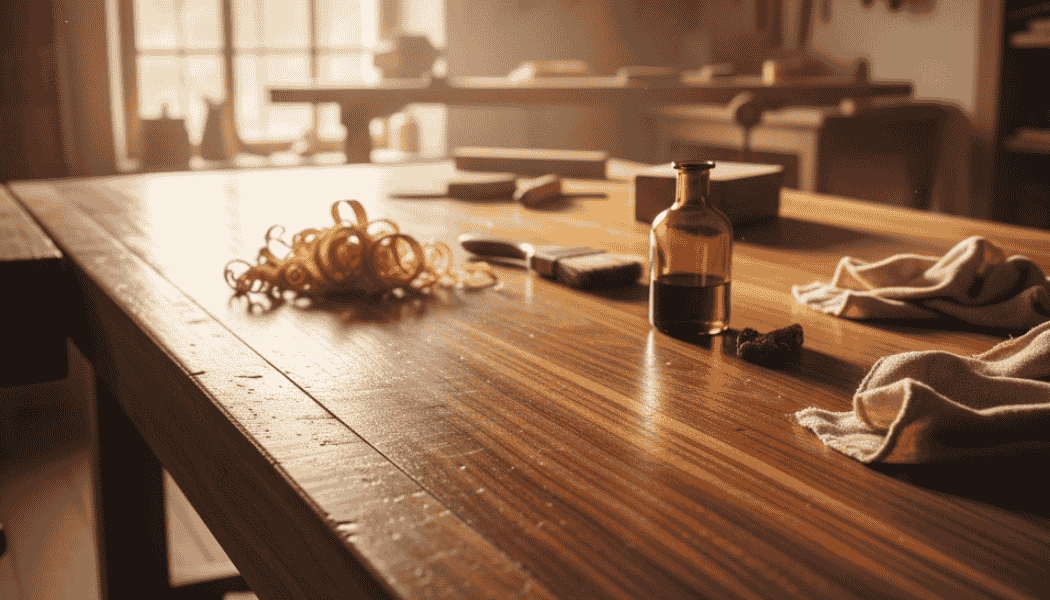 Tavolone di legno in laboratorio con bottiglietta di olio di lino