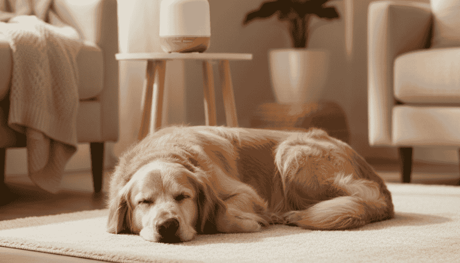 cane che dorme con diffusore che emana profumo