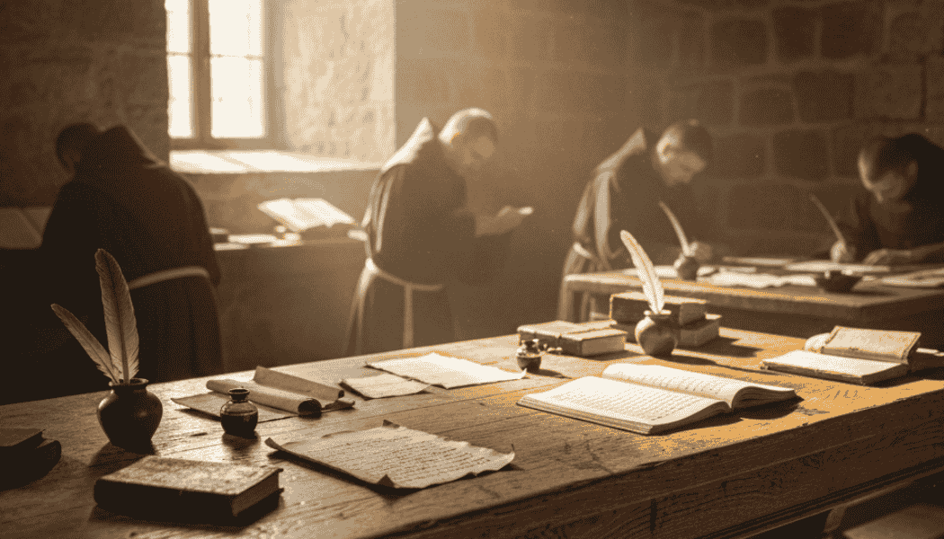 Sala degli scribani con tavolone in legno nel '400
