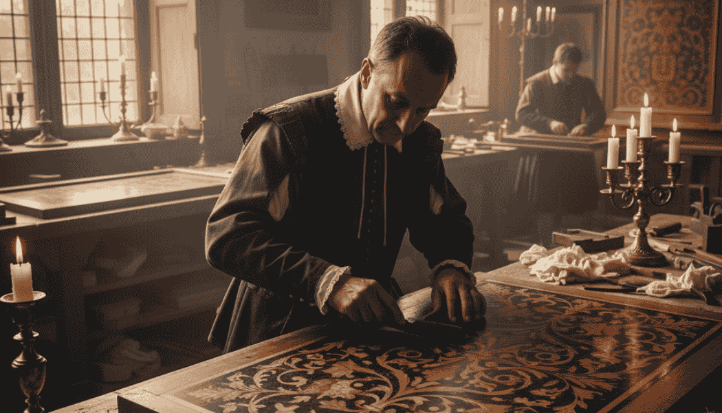 Ebanista che realizza intarsio con legno pregiato