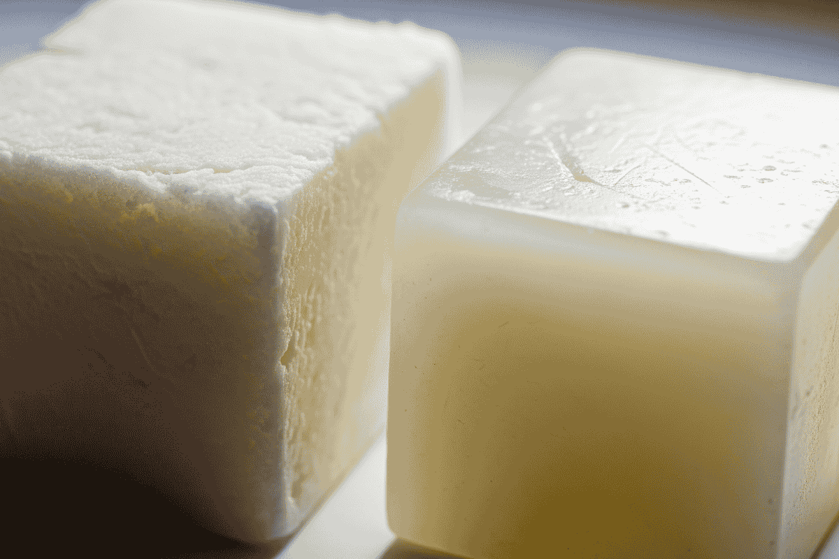 cubi di cera, a destra la cera di paraffina a sinistra la cera di cocco