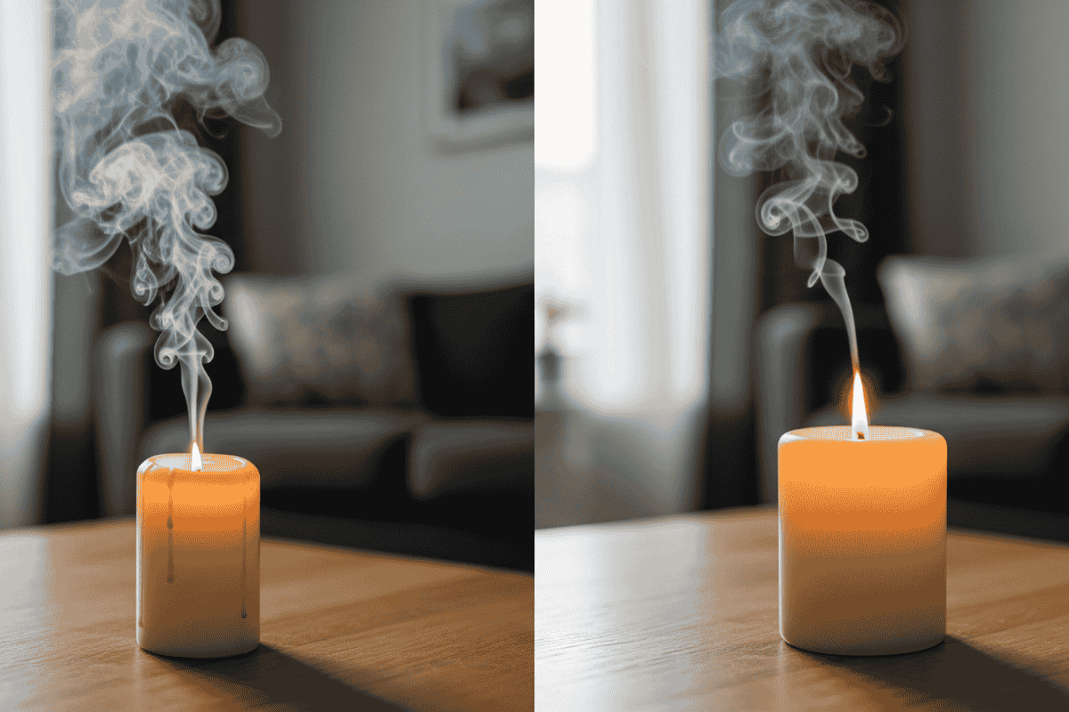 candela che mostra l'impatto dell'aria di una candela alla paraffina e le due tipologie fi fumo in confronto con la candela naturale