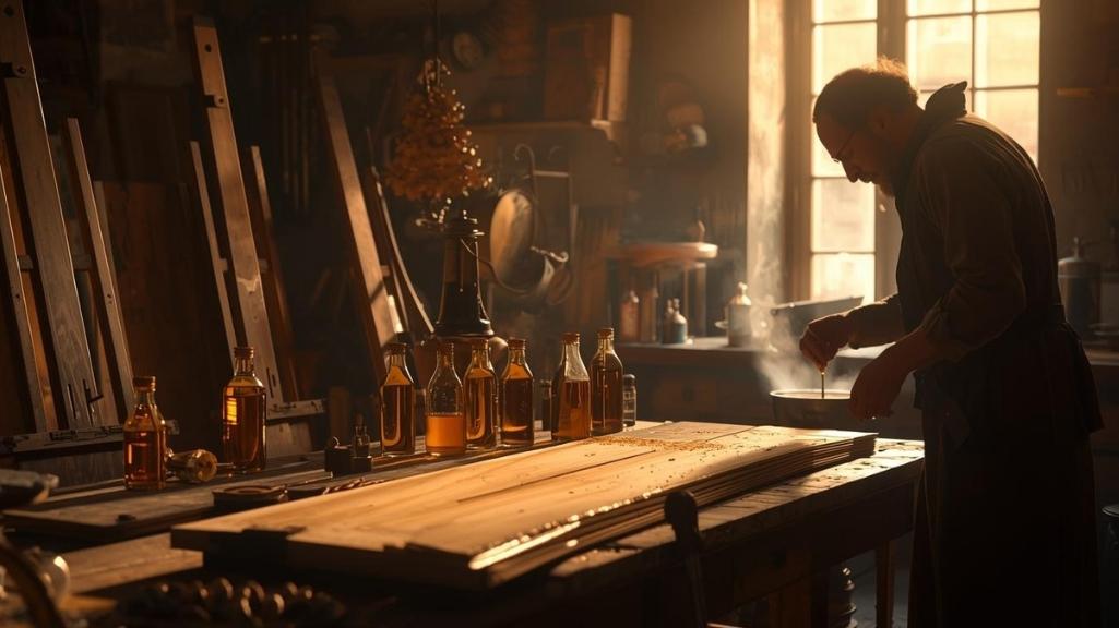 Antichità: artigiano che prepara le soluzioni di protezione del legno 