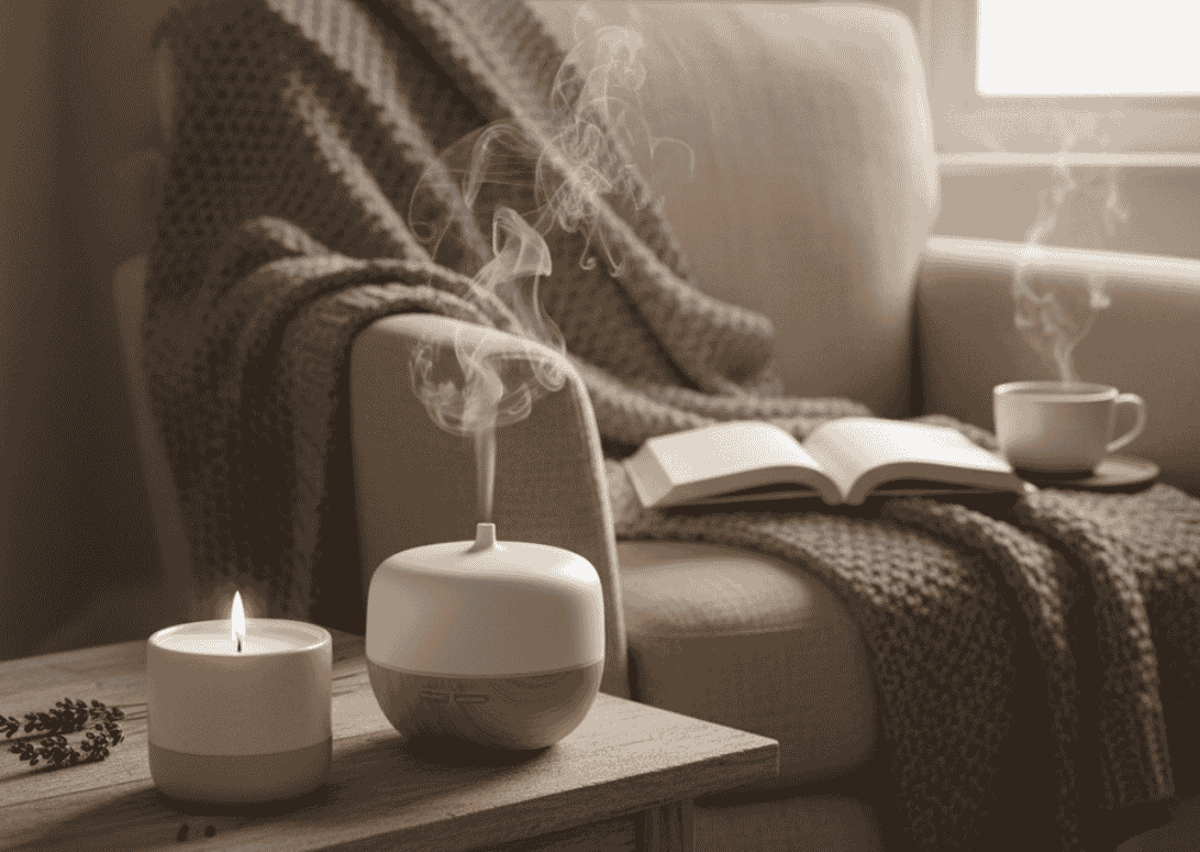 salotto con poltrona e un diffusore che emette profumo