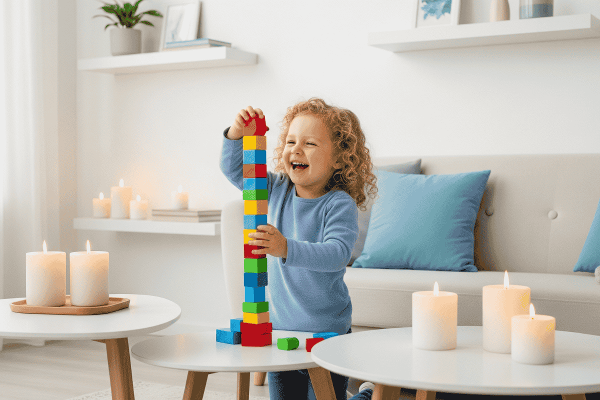 bambina che gioca in un ambiente pulito con candele naturali