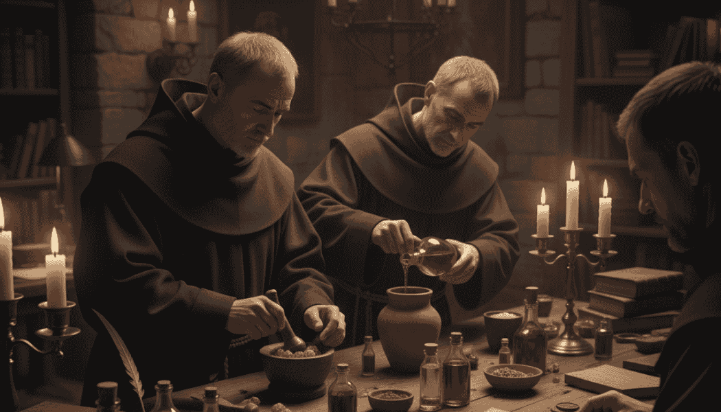 Monaci che preparano le loro ricette alchemiche