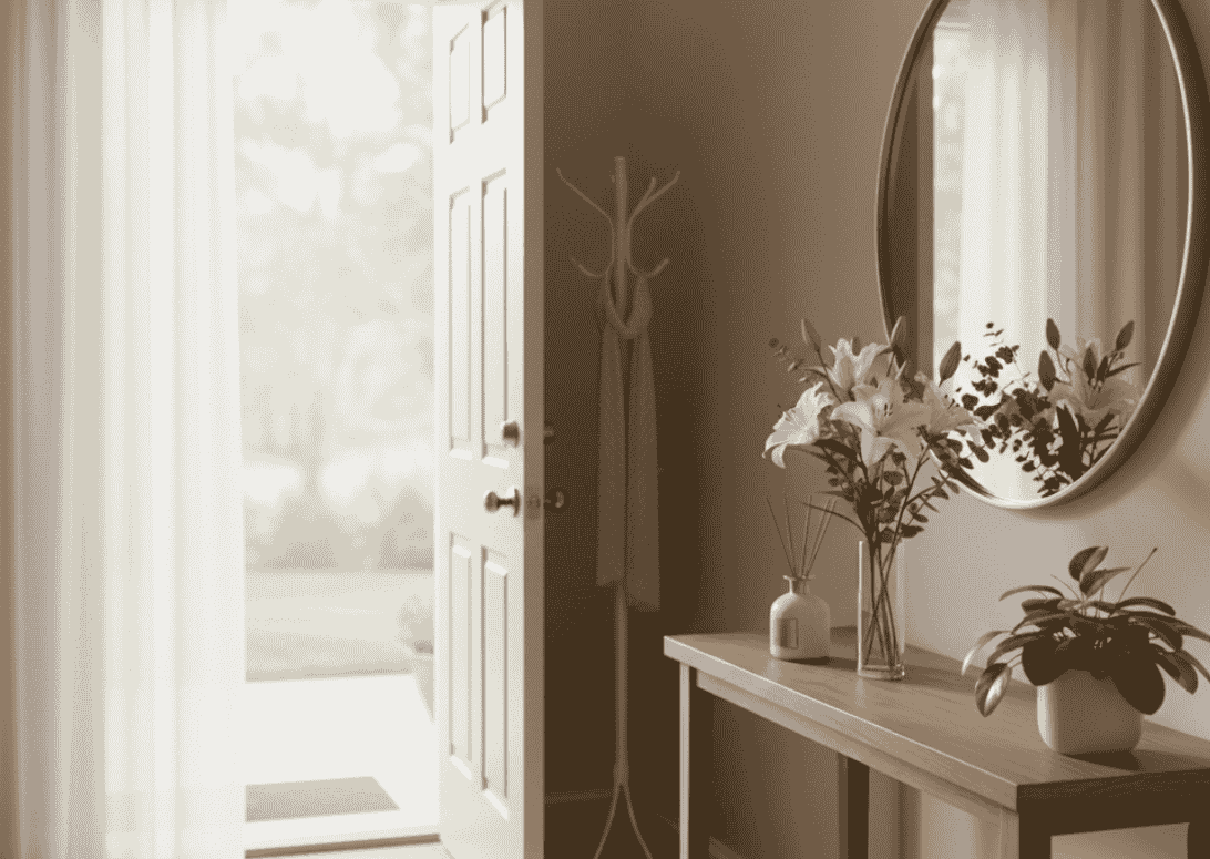 ingresso elegante con diffusore di profumo, piante e fiori