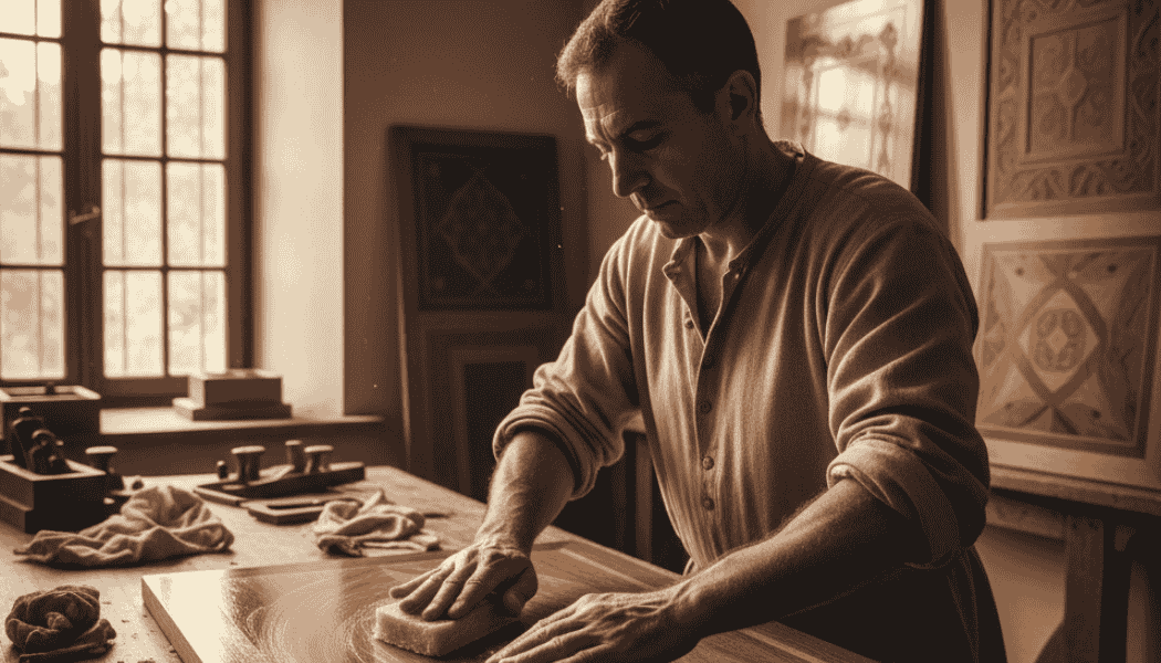 Ebanista mentre mette attentamente la cera sul tavolo in legno