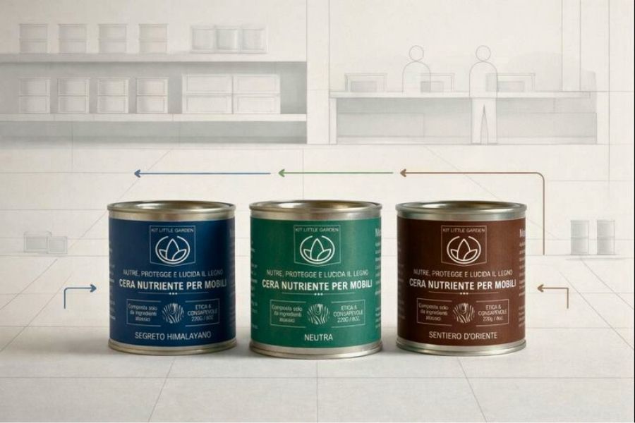 presentate in una scena di laboratorio stilizzata. I barattoli sono affiancati su un piano di lavoro con griglia progettuale, icone di flusso operativo e riferimenti visivi a modularità, stoccaggio e standardizzazione del formato.