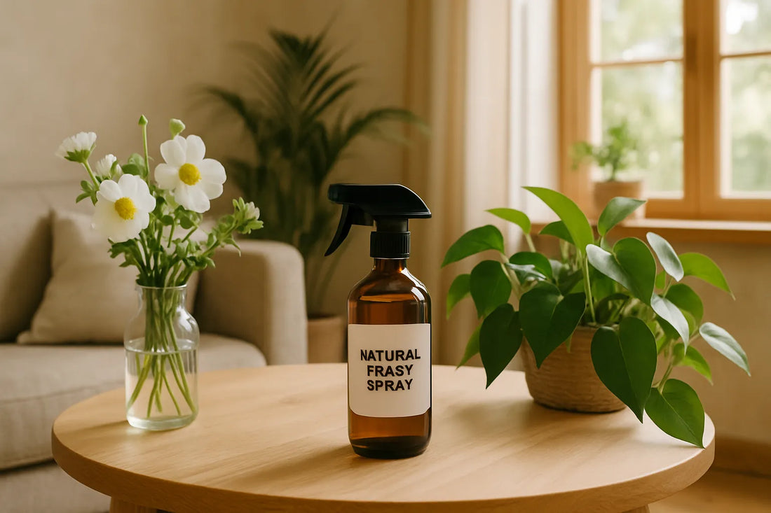 Scena di un ambiente domestico fresco e naturale con spray profumati e superfici in legno