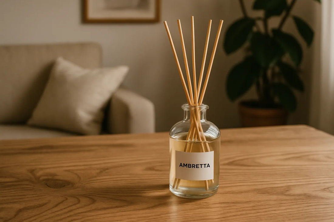 Scena di un ambiente domestico con diffusori di ambretta e legno naturale