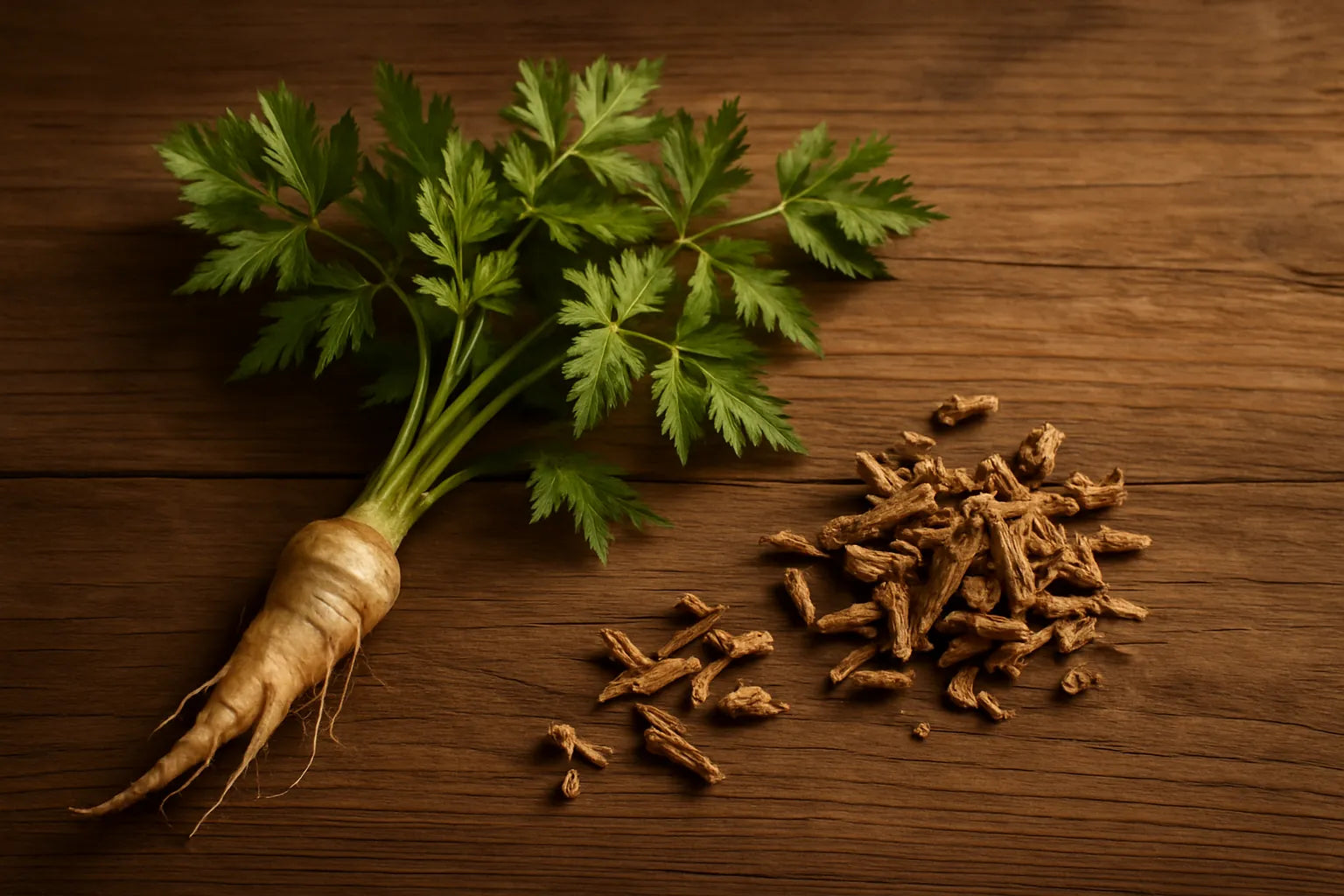 Composizione di angelica radice su una superficie di legno naturale con luce morbida