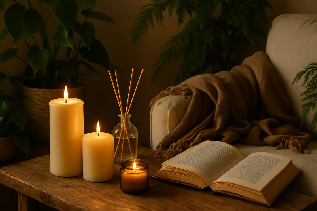 Un angolo di lettura accogliente con candele naturali e diffusori di profumo su una superficie in legno