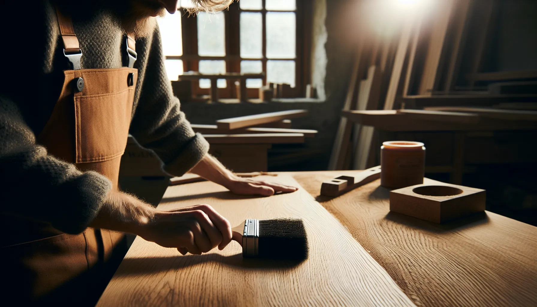 Scena di lavoro artigianale con rovere e gommalacca, evidenziando texture e venature del legno
