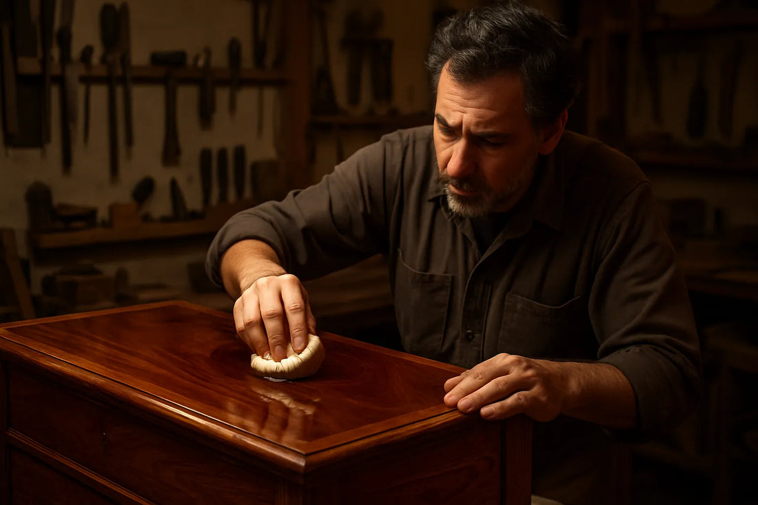Scena di applicazione della gommalacca su un mobile in legno con tampone, mostrando dettagli della superficie e delle venature del legno.