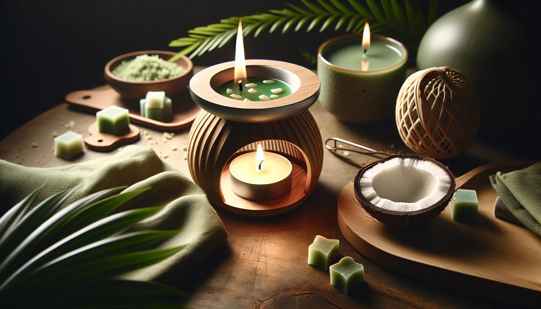 Scena evocativa di wax melts naturali su un tavolo di legno, con bruciatore e cera di cocco
