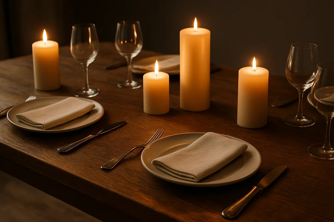 Tavola elegantemente apparecchiata con candele naturali e decorazioni in legno