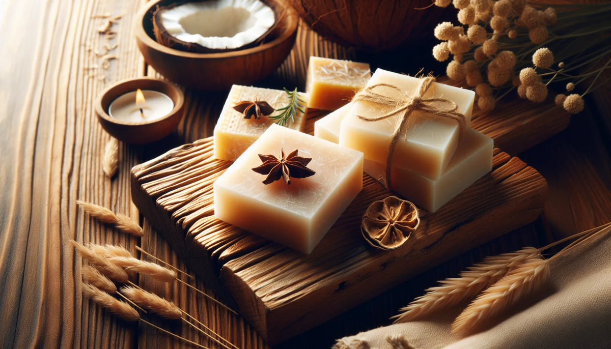 Scena evocativa di barrette profumate naturali su una superficie di legno con cera di cocco e fiori essiccati