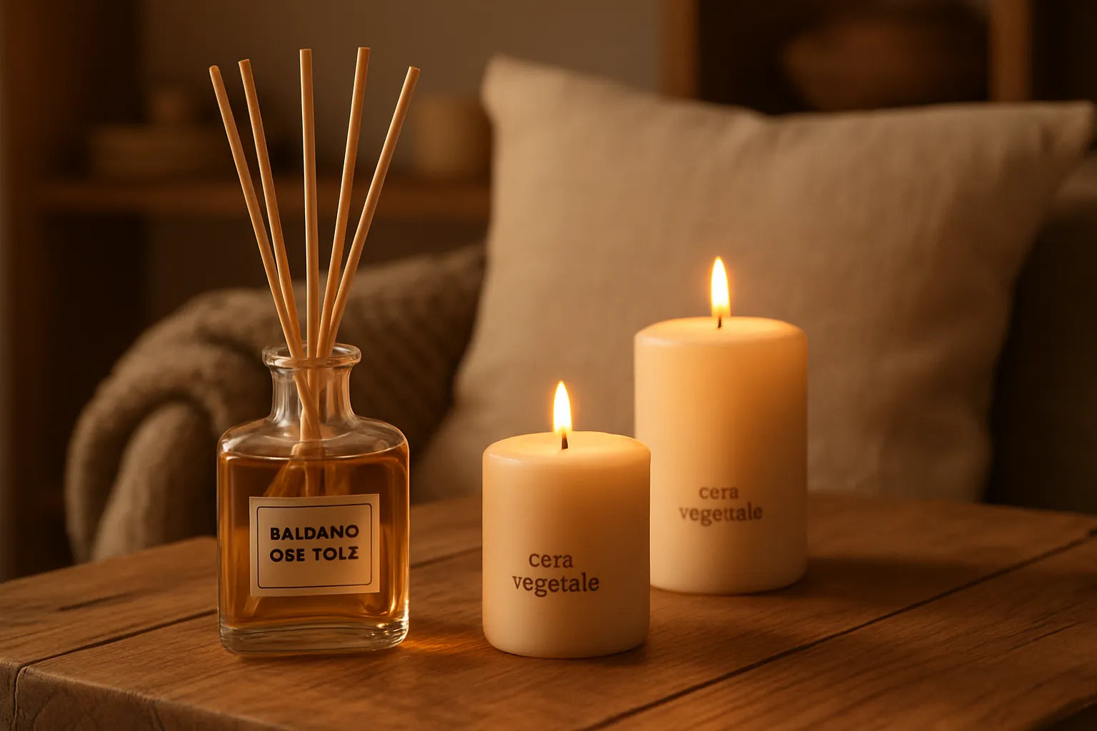 Scena evocativa di un ambiente domestico con diffusori e candele naturali che richiamano il calore vanigliato del Balsamo del Tolù.