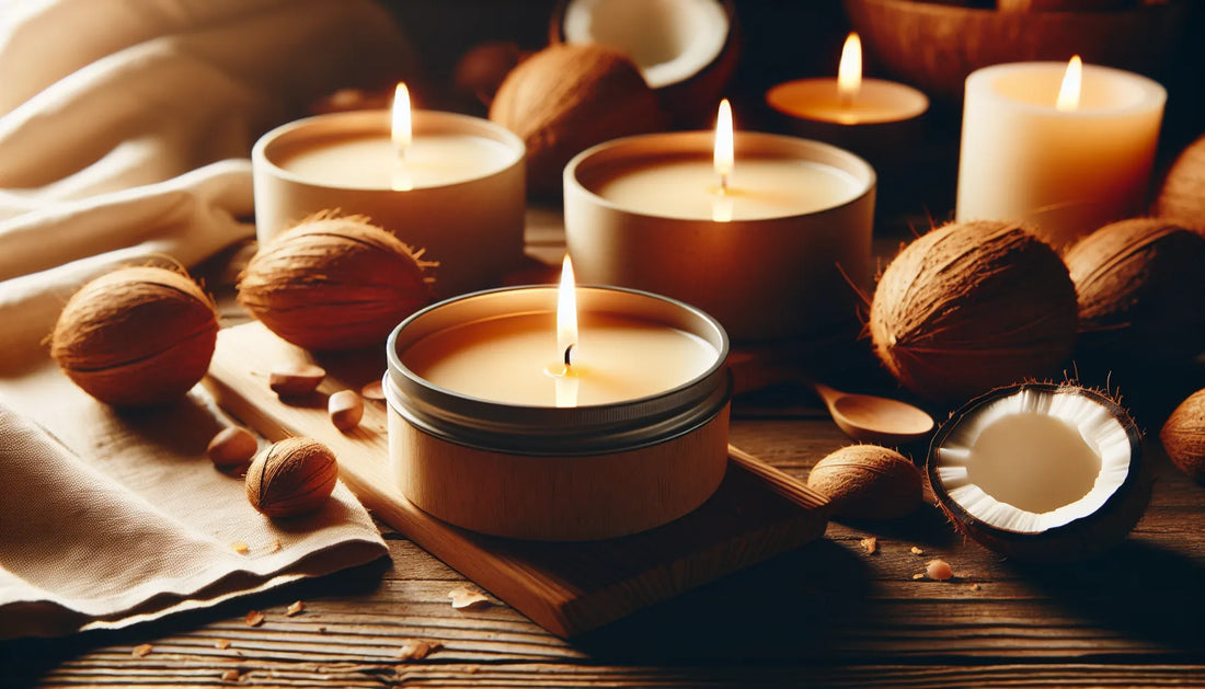 Scena evocativa di candele in cera di cocco su un tavolo di legno, con luce morbida che crea un'atmosfera rilassante e naturale.