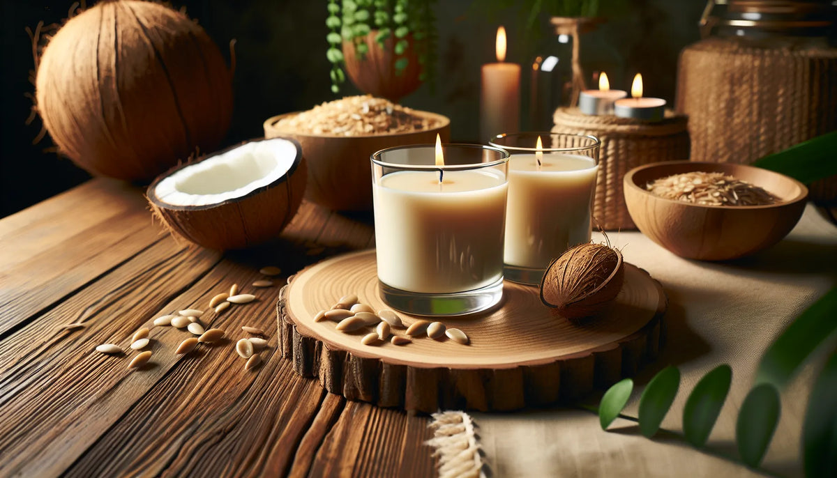 Scena di candele in cera vegetale su un tavolo in legno, con luce soffusa e atmosfera naturale