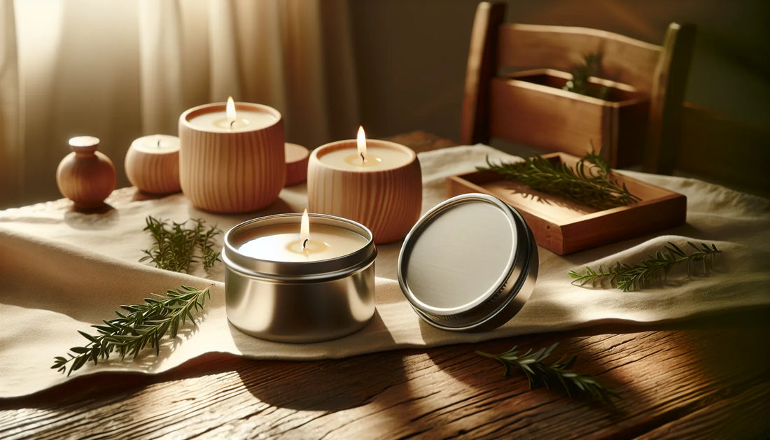 Candele di cera vegetale su un tavolo in legno, atmosfera calda e naturale