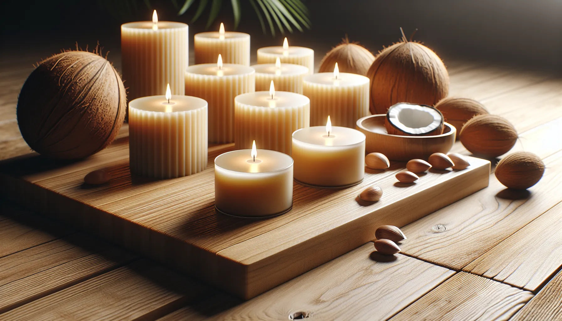 Scena evocativa di candele in cera vegetale su una superficie di legno naturale, con luce morbida che crea un'atmosfera calda e accogliente.