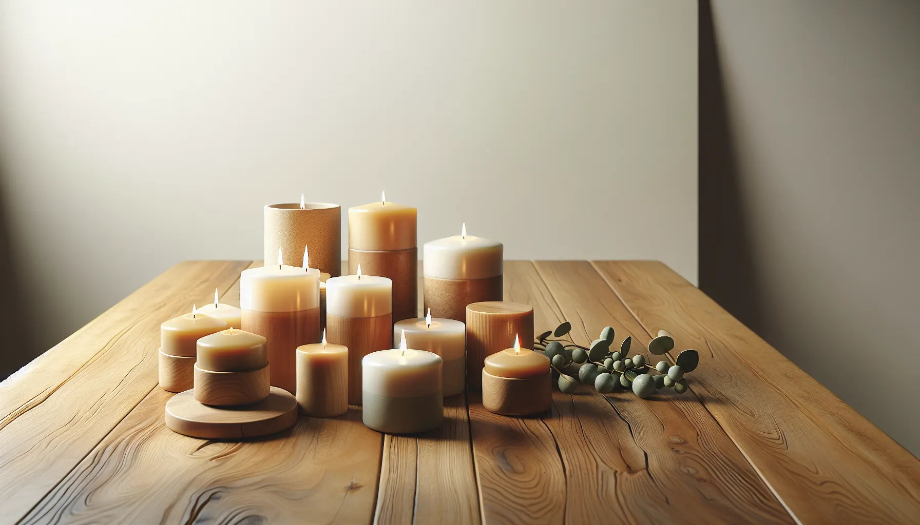 Scena evocativa di candele in cera vegetale su un tavolo di legno con luce calda e naturale