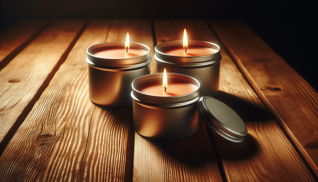 Scena di candele in cera vegetale e contenitori in alluminio su un tavolo di legno naturale, con luce calda che crea un'atmosfera accogliente.