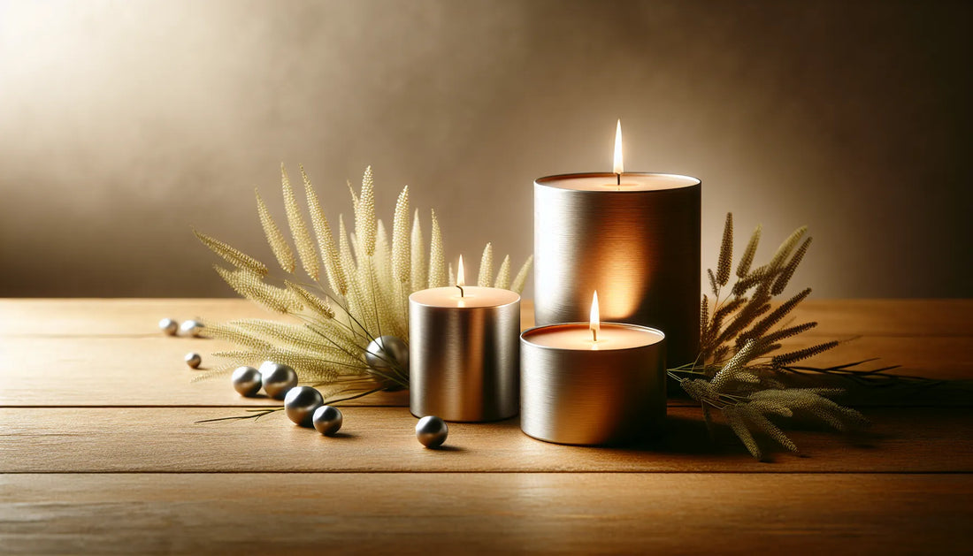 Candele in cera vegetale e alluminio su un tavolo in legno naturale, con luce morbida che crea un'atmosfera calda e accogliente.