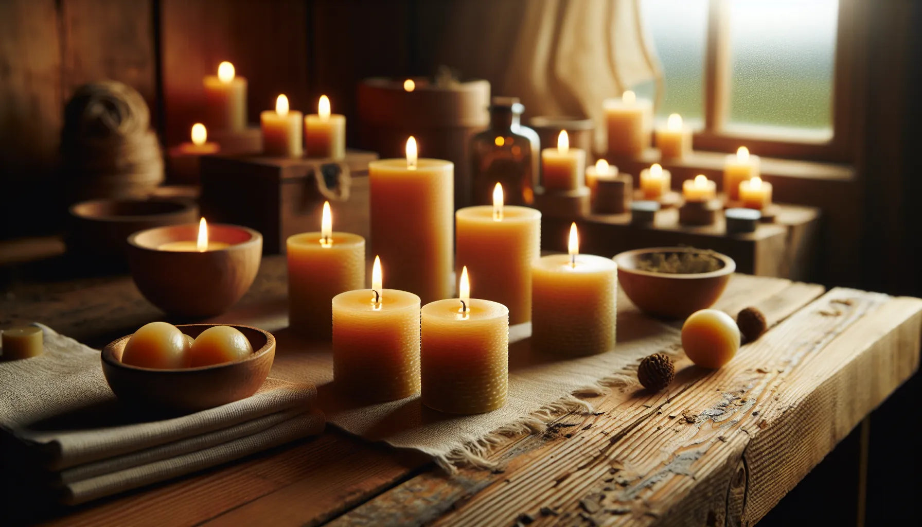 Candele in cera vegetale su un tavolo di legno, atmosfera calda e accogliente