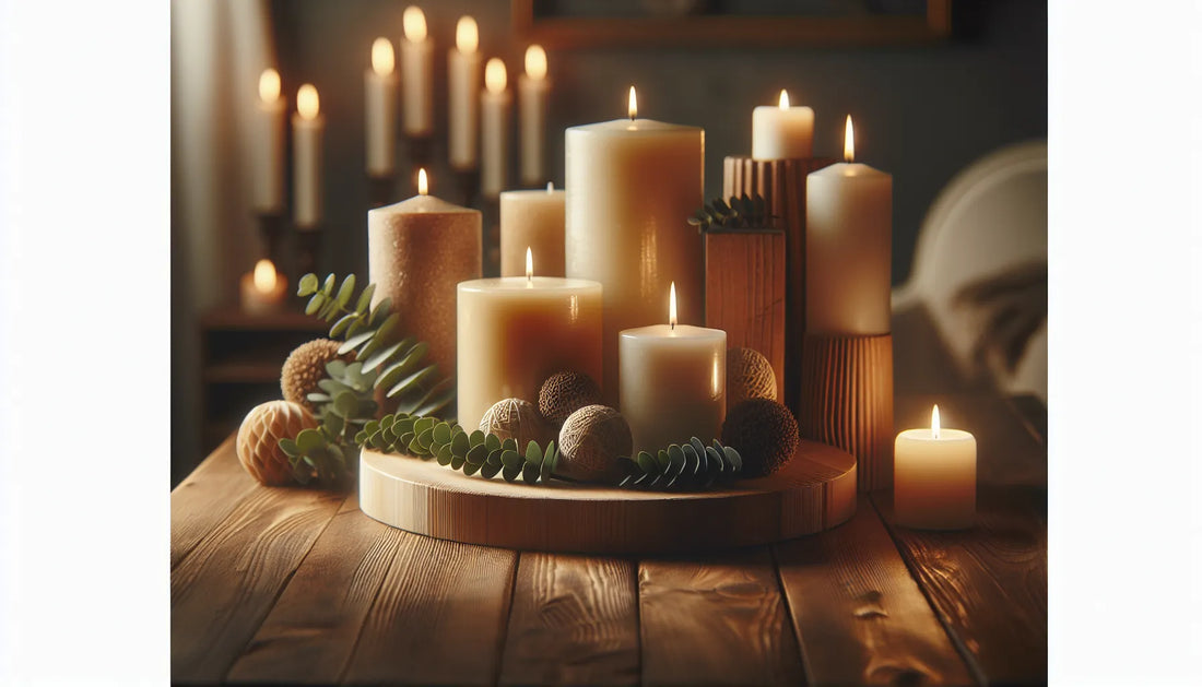 Candele in cera vegetale su un tavolo in legno, atmosfera calda e naturale