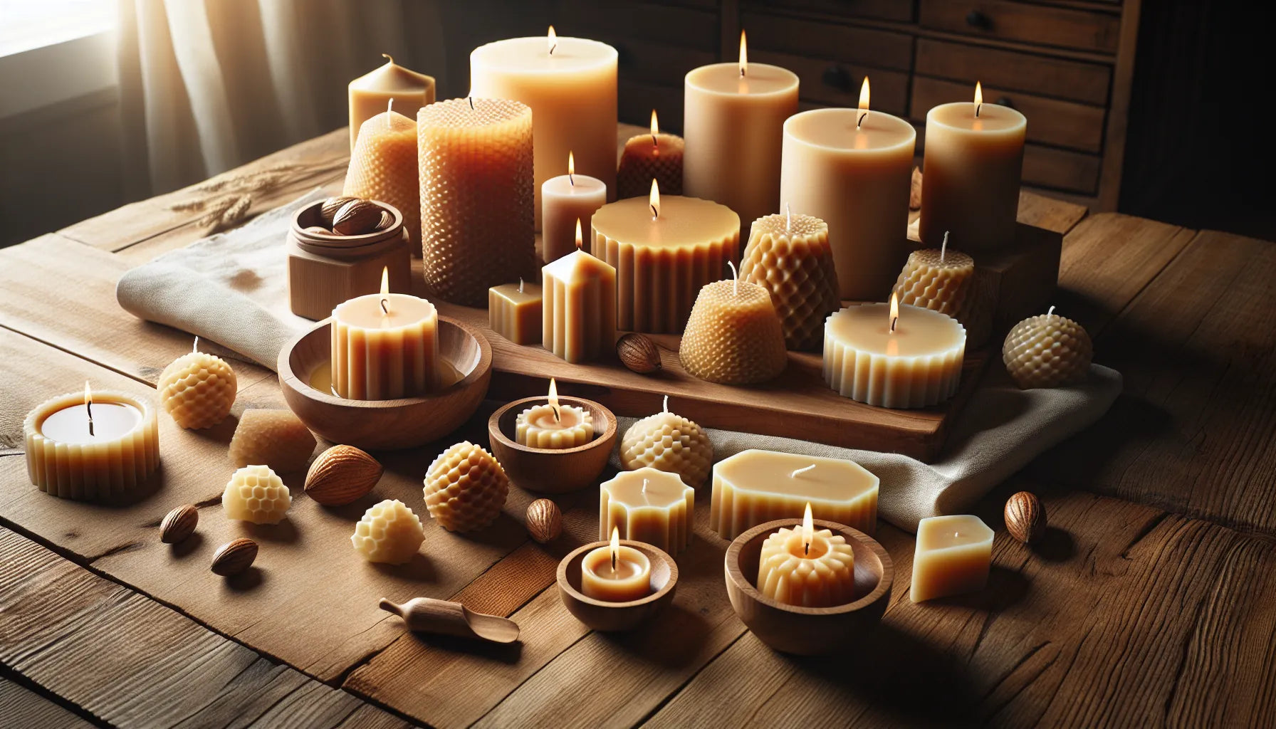 Scena evocativa di candele in cera vegetale su una superficie in legno naturale, con luce morbida che crea un'atmosfera calda e accogliente.