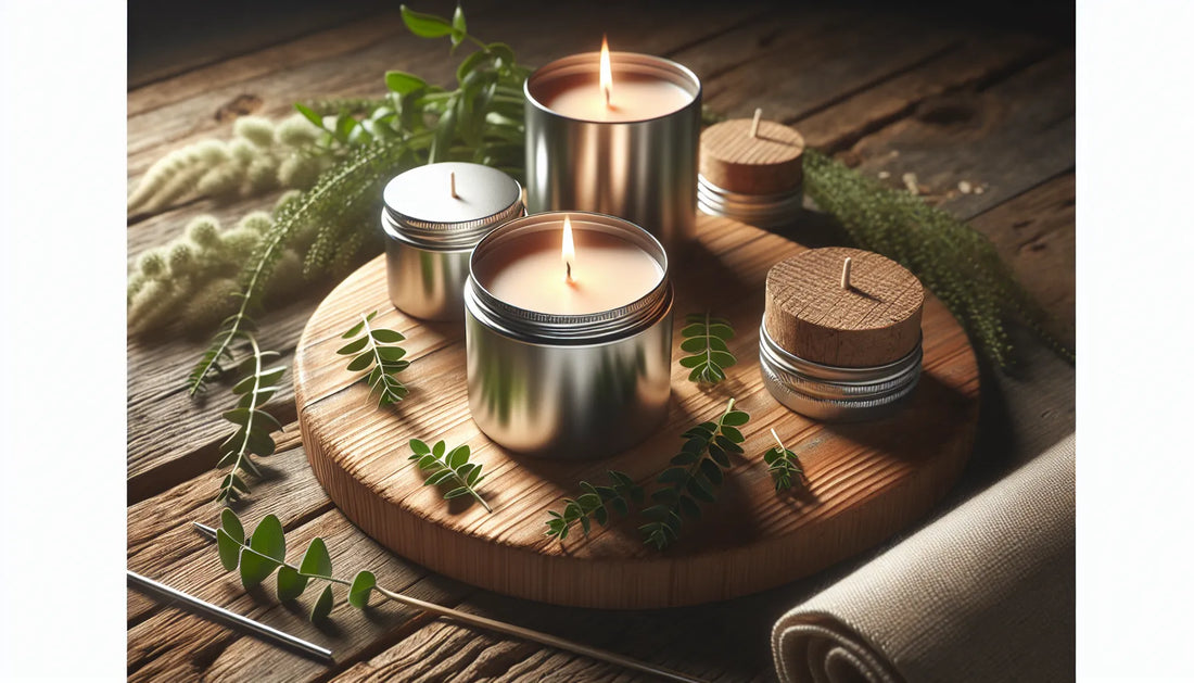 Scena evocativa di candele vegetali in alluminio su una superficie di legno naturale, con luce morbida che crea un'atmosfera calda e rilassante.