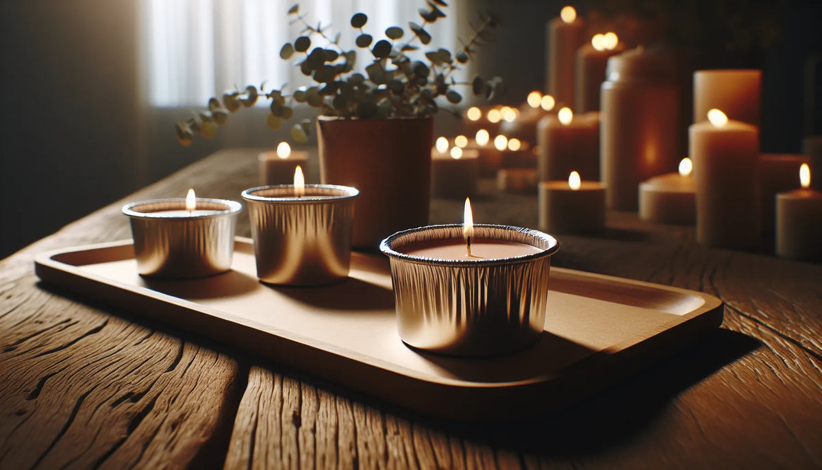 Scena di candele vegetali in alluminio su un tavolo di legno, con luce morbida che mette in risalto la loro eleganza e sostenibilità.