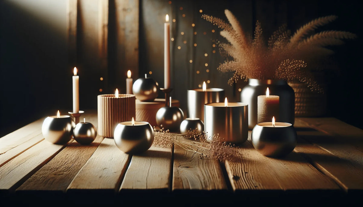 Candele vegetali in alluminio su un tavolo in legno con luce soffusa