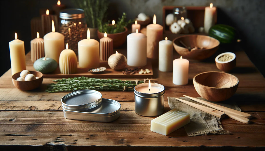 Scena di candele in cera vegetale e alluminio su un tavolo di legno, con luce soffusa che crea un'atmosfera calda e accogliente.