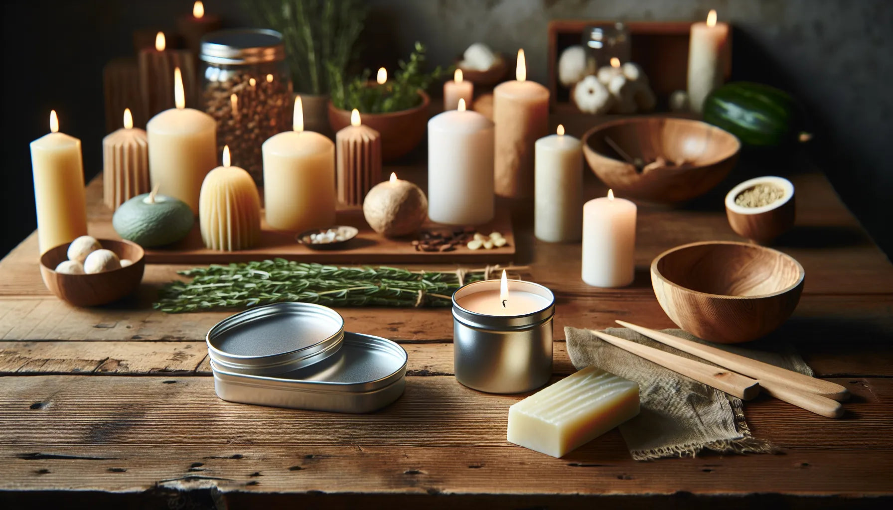 Scena di candele in cera vegetale e alluminio su un tavolo di legno, con luce soffusa che crea un'atmosfera calda e accogliente.