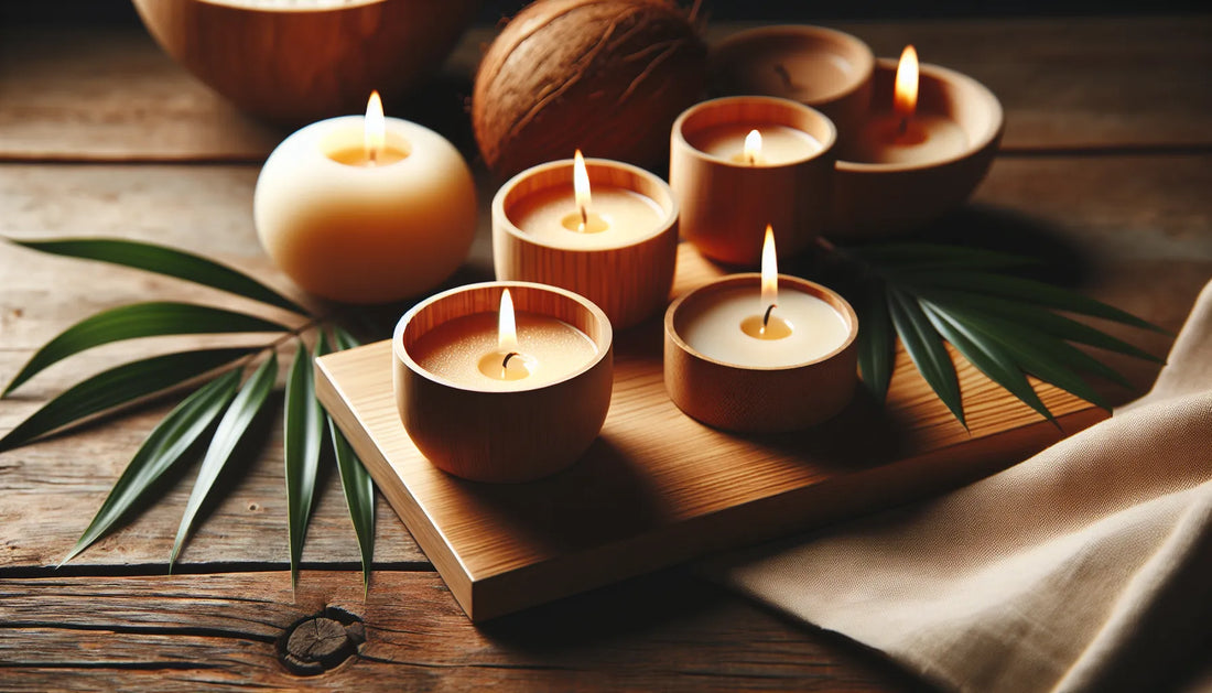 Scena di candele vegetali in cera di cocco su un tavolo di legno con luce calda