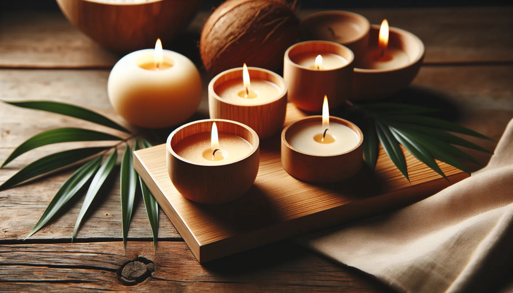 Scena di candele vegetali in cera di cocco su un tavolo di legno con luce calda