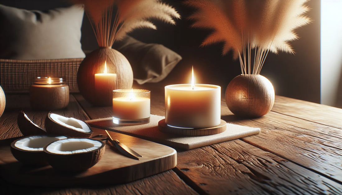 Scena di candele vegetali in cera di cocco su un tavolo di legno, con luce soffusa e atmosfera rilassante