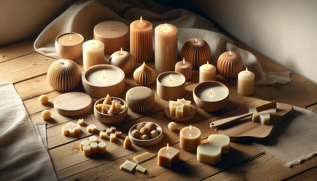 Scena di candele in cera vegetale su un tavolo in legno, atmosfera calda e accogliente