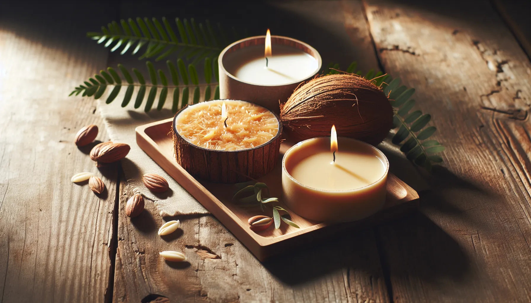 Scena evocativa di candele vegetali in cera di cocco e colza su una superficie in legno naturale, con luce morbida che crea un'atmosfera calda e accogliente.