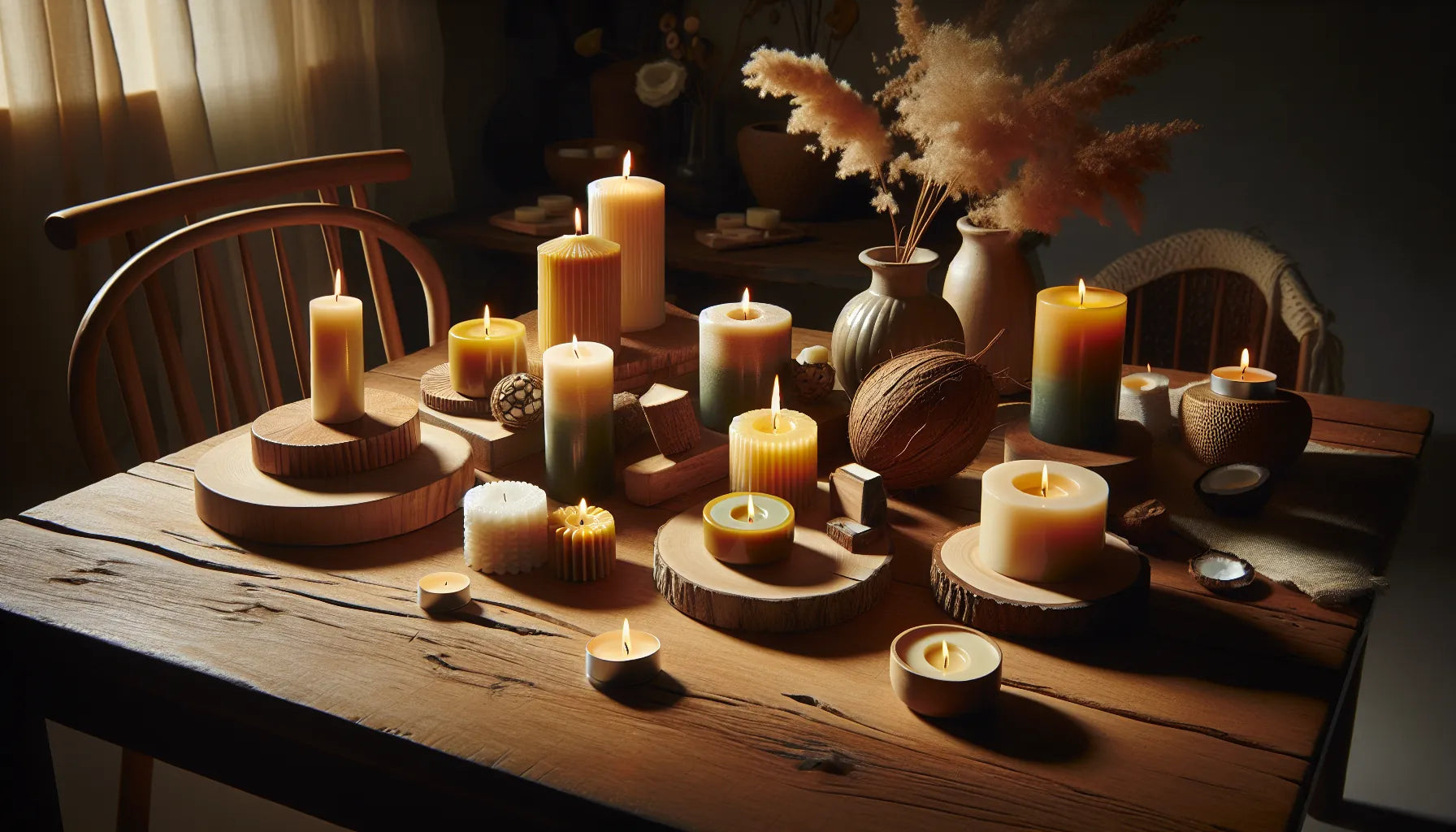 Scena di candele vegetali in cera di cocco e colza su un tavolo in legno naturale, con luce morbida che crea un'atmosfera calda e accogliente.