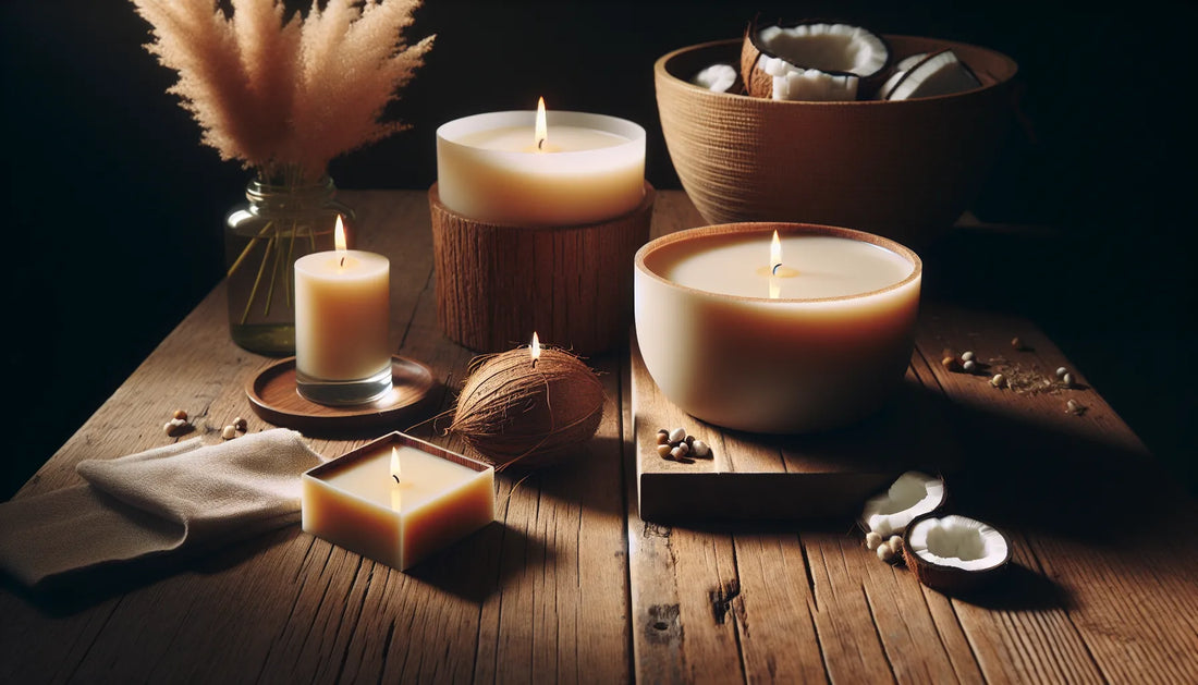 Scena evocativa di candele vegetali in cera di cocco e colza su una superficie di legno naturale, con luce morbida che crea un'atmosfera calda e accogliente.