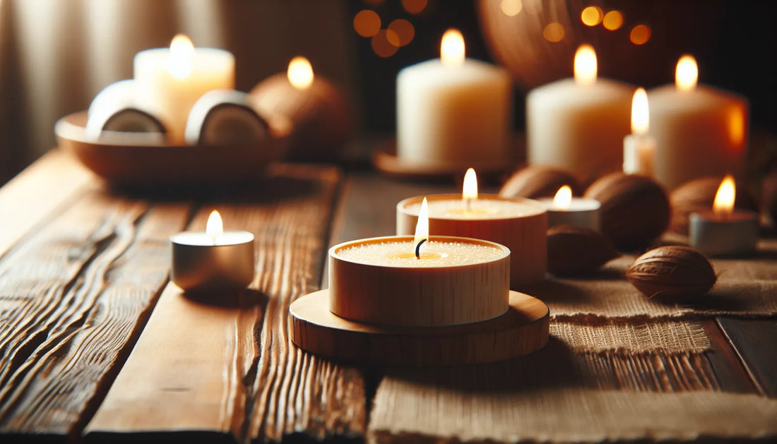 Scena di candele vegetali in cera di cocco su un tavolo in legno, con luce calda e accogliente.