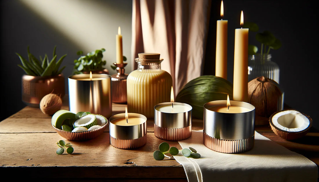 Scena di candele vegetali in cera di cocco e colza in contenitori di alluminio su un tavolo di legno naturale, con luce morbida che crea un'atmosfera calda e accogliente.